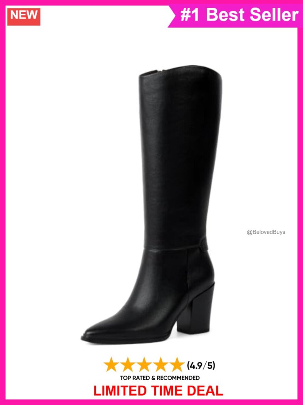 Pointed Toe Knee High Boots Chunky Heel Faux Leather Side Zip Tall Boots
